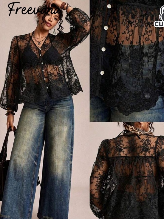 Tops - Sheer Black Lace Button-Front Women's Top